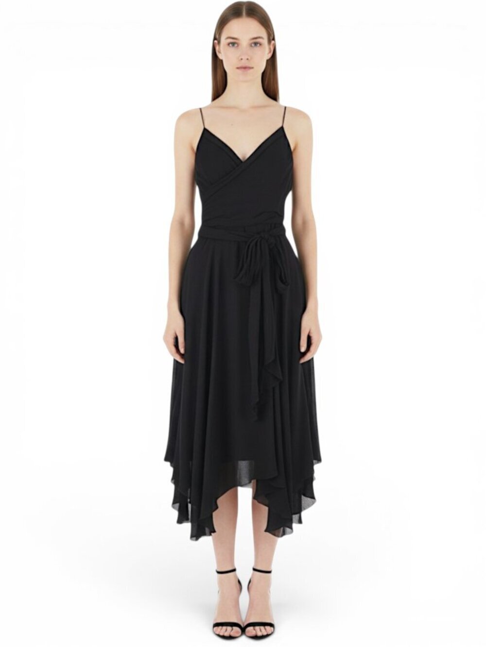 Mondi Gala Vintage Black Wrap Full Skirt Uneven Asymmetric Hem Tie Belt Dress